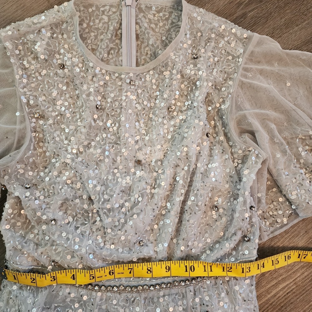 Mac Duggal Cape Sleeve Beaded Midi Dress Powder Blue Silver Ethereal Glam 6 $598 - Picture 15 of 16